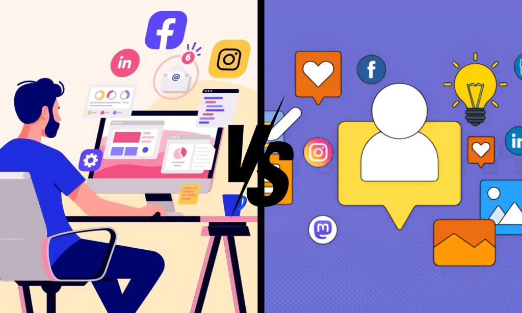 Uma ilustração dividida em duas metades comparando gerenciamento de mídia social e criação de conteúdo.  1. Comparação entre marketing e publicidade em redes sociais, destacando as funções de Community Manager e Social Media Manager.2. Diferença entre marketing e publicidade em redes sociais, com foco nas funções de Community Manager e Social Media Manager.3. Análise do marketing versus publicidade em redes sociais, enfatizando as responsabilidades de Community Manager e Social Media Manager.4. Distinção entre marketing e publicidade em redes sociais, abordando o papel de Community Manager e Social Media Manager.5. Exploração das diferenças entre marketing e publicidade em redes sociais, com ênfase nas funções de Community Manager e Social Media Manager.  Community Manager vs Social Media Manager