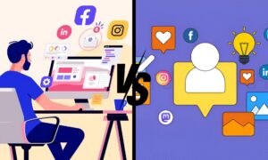 Uma ilustração dividida em duas metades comparando gerenciamento de mídia social e criação de conteúdo. 1. Comparação entre marketing e publicidade em redes sociais, destacando as funções de Community Manager e Social Media Manager.2. Diferença entre marketing e publicidade em redes sociais, com foco nas funções de Community Manager e Social Media Manager.3. Análise do marketing versus publicidade em redes sociais, enfatizando as responsabilidades de Community Manager e Social Media Manager.4. Distinção entre marketing e publicidade em redes sociais, abordando o papel de Community Manager e Social Media Manager.5. Exploração das diferenças entre marketing e publicidade em redes sociais, com ênfase nas funções de Community Manager e Social Media Manager. Community Manager vs Social Media Manager