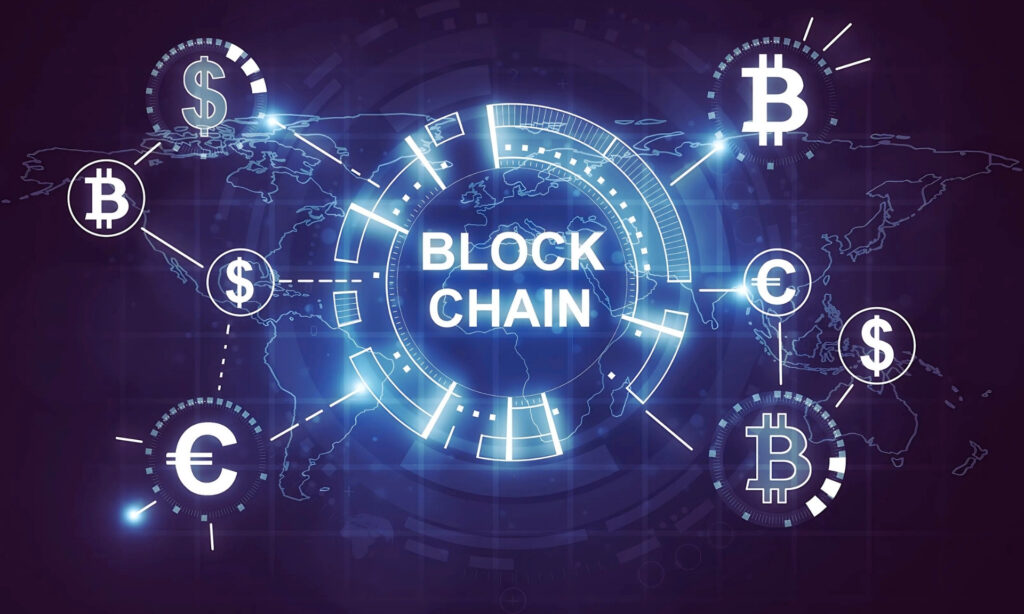 Tendências de Investimentos para 2025: Onde Alocar Seu Dinheiro? A imagem ilustra o conceito de blockchain, destacando moedas como Bitcoin e Euro, e a interconexão entre sistemas financeiros globais, representando o crescimento das criptomoedas. Tendências de Investimentos para 2025: Onde Alocar Seu Dinheiro?